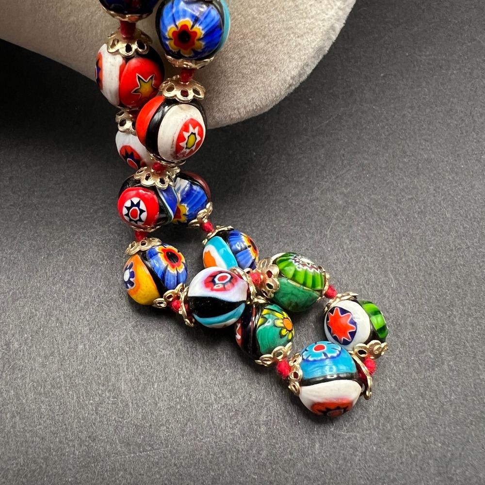 Vintage Venetian Millefiori Glass Beaded Necklace Hand Knotted 24" - Picture 3 of 10